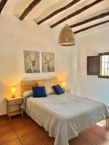 a bedroom with a large bed with blue pillows at Casa Rural Sabika in Alhama de Granada