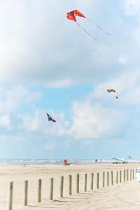 a group of people flying kites on the beach at The Place at Port Aransas in Port Aransas