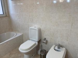 La salle de bains est pourvue de toilettes, d'une baignoire et d'un lavabo. dans l'établissement Beautiful apartment in Ferragudo, à Ferragudo
