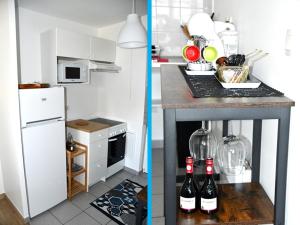 2 Bilder einer Küche mit einer Theke mit Weinflaschen in der Unterkunft Magic Disneyland Paris in Serris