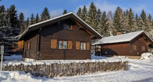 una cabaña de madera en la nieve con una valla en Ferienhaus-Blockhütte im Fichtelgebirge - Nagler See 2 km, en Nagel