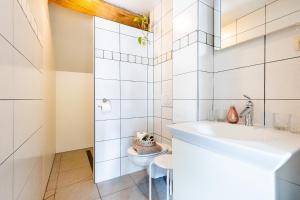 een witte badkamer met een wastafel en een toilet bij Domein Tombos in Gingelom
