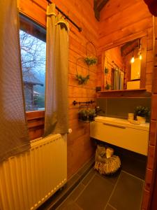 La salle de bains est pourvue d'une douche, d'un lavabo et d'une fenêtre. dans l'établissement Ferienhaus-Blockhütte im Fichtelgebirge - Nagler See 2 km, à Nagel