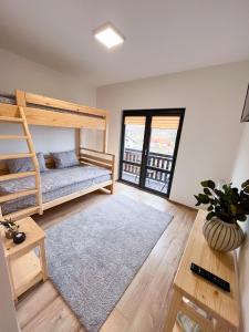 a bedroom with a bunk bed and a rug at Cazare la Mitică in Subcetate