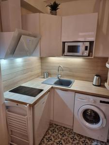 małą kuchnię ze zlewem i kuchenką mikrofalową w obiekcie Le Dalí-Duplex au pied de Castillet w Perpignanie