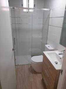 e bagno con doccia, servizi igienici e lavandino. di Apartamentos playa de bellreguard,gandia,oliva,denia,benidorm a Bellreguart