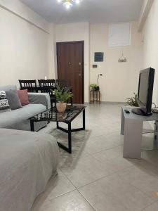 a living room with a couch and a tv at Cozy Apartment in Nea Palatia-Oropos in Oropos