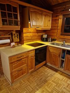 La cuisine est équipée de placards en bois et d'un four avec plaques de cuisson. dans l'établissement Ferienhaus Kellers Finkennest, à Braunfels