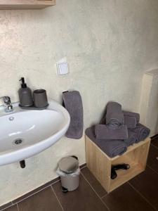 ein Badezimmer mit einem Waschbecken und Handtüchern auf der Theke in der Unterkunft KiMMCo Loft in Schwetzingen