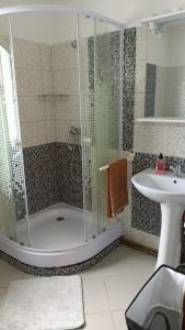 a bathroom with a shower and a sink at Casa La Măriuca in Bran