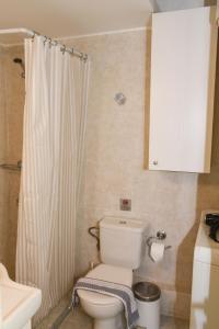 y baño con aseo y cortina de ducha. en Sunny and Quiet 1 Bedroom Apt, en Atenas