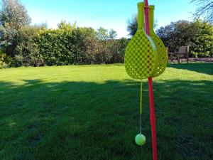 a bird feeder with a golf ball in the grass at Love Nest in Deal