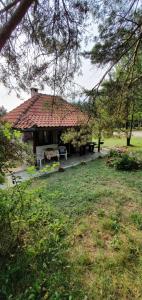 um edifício com um telhado vermelho com uma mesa de piquenique em Bungalov Zahej Divčibare em Divčibare
