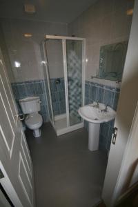 a bathroom with a toilet and a sink and a shower at Ballyraine Self Catering in Letterkenny