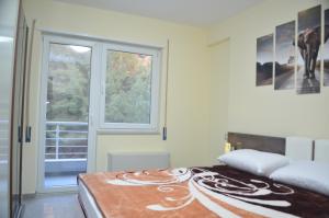 1 dormitorio con cama y ventana en Home Sweet Home by the Sea - 060, en Durrës