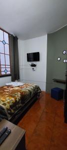 a bedroom with a bed and a tv on the wall at Posada Del Gaucho in Montevideo