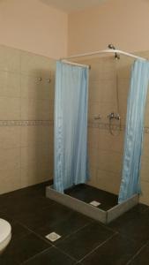 a bathroom with a shower with a blue shower curtain at Posada Del Gaucho in Montevideo