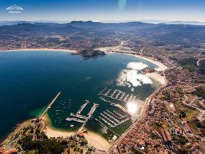 an aerial view of a beach and the ocean at Estudio impresionantes vistas con terraza y piscina in Baiona