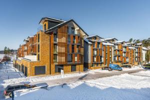 a building is under construction in the snow at Apartament A121 Molo Lipno s infrasaunou - Residence Koubek in Lipno nad Vltavou
