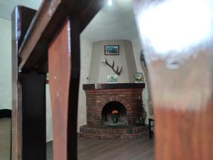 um quarto com uma lareira de tijolo e um vaso de flores em El Cantón em Cangas de Onís