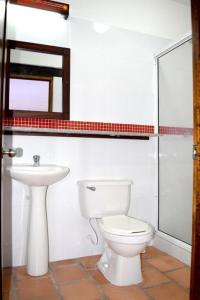 a bathroom with a toilet and a sink at Chrisban Hotel Boutique in Buga