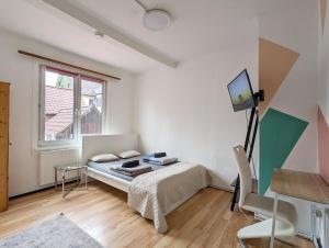 een slaapkamer met een bed en een tv. bij 5 Person Vacation Apartment In The Black Forest in Villingen-Schwenningen