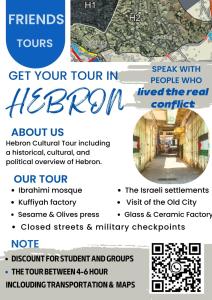 a flyer for a tour in hingham with a map at Friends Hostel.Area B in Hebron