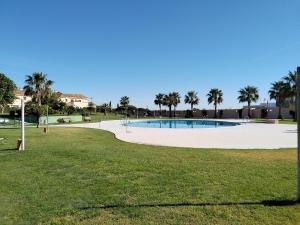 una piscina en un parque con palmeras en El Balcón del Novo -Novo Sancti Petri- Luxury 3 Bedrooms - Piscina y Pista Padel, en Chiclana de la Frontera