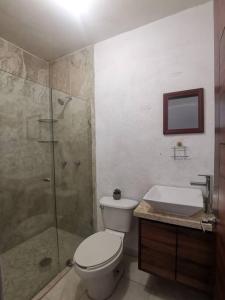 a bathroom with a shower and a toilet and a sink at Villa el roble in Acapulco