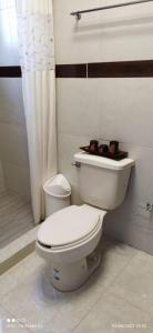 a white toilet in a bathroom with a shower at Hospedaje Familiar in Oaxaca City