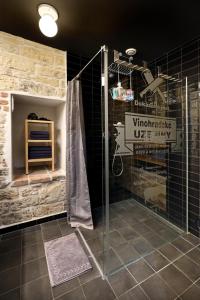 ein Bad mit einer Dusche mit einer Duschkabine aus Glas in der Unterkunft American Loft in the Heart of Prague in Prag
