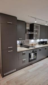 a kitchen with gray cabinets and a stove top oven at Modern Stylish Apartment in Birmingham in West Bromwich