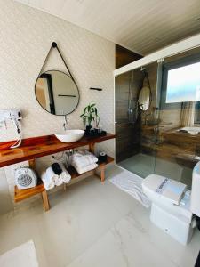 a bathroom with a mirror and a sink and a shower at Refúgio Serra e Flor in Urubici