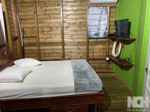 een slaapkamer met een bed en een groene muur bij MAISON FAMILLE RANCE in Pointe-Noire