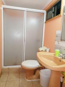 a bathroom with a shower and a toilet and a sink at Cabaña "Descanso playero" in Quintero