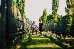 a family walking down a path through a vineyard at Posada La Victoria in San Rafael