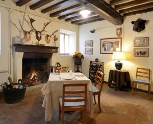 Agriturismo Cavazzone في Regnano: غرفة طعام مع طاولة ومدفأة