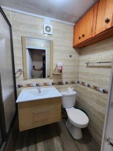 a bathroom with a toilet and a sink and a mirror at Departamento en Dichato, 4 personas frente a la playa in Dichato