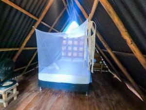 a room in a attic with a net in it at Los Almendros Palomino Hostel in Palomino