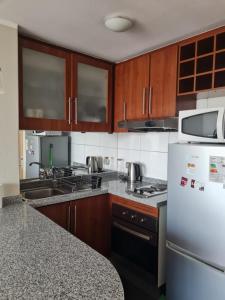 a kitchen with wooden cabinets and a white refrigerator at Departamentos Pontoni Manquehue in Santiago +12 photos
