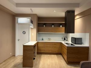 a kitchen with wooden cabinets and a sink at City Center Apartment in Katowice