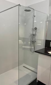 y baño con ducha y puerta de cristal. en City Center Apartment, en Katowice