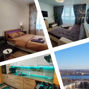 a collage of three pictures of a bedroom at Lake view luxury apartment in Bucharest