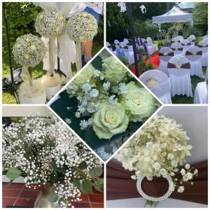 un collage di foto con fiori e tavoli bianchi di Schlossparkhotel Sallgast a Sallgast