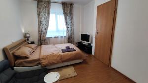 een slaapkamer met een bed, een bank en een televisie bij Lake view luxury apartment in Boekarest