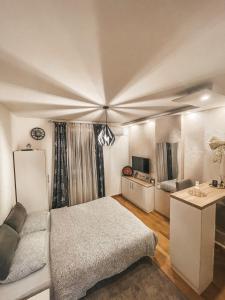 Mały pokój z łóżkiem i lodówką w obiekcie Apartman Vila Bojana w mieście Budžak