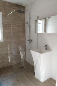 ein Bad mit einer Dusche und einem Waschbecken in der Unterkunft TRES BELLE VILLA CONTEMPORAINE in Causse-de-la-Selle