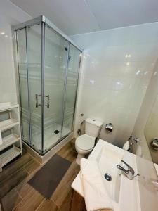een badkamer met een douche, een toilet en een wastafel bij MINI ESTUDIOS SANSE in San Sebastián de los Reyes