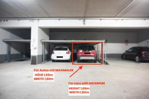 Dos autos están estacionados en un garaje. en NEU modernes Apartment in Top Lage, free Parking max 1,65m Höhe und 1,8m Breite en Karlsruhe