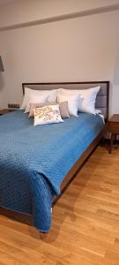 1 cama con manta azul y almohadas en Falcon Apartment Center 2 Metro Złote Tarasy, en Varsovia